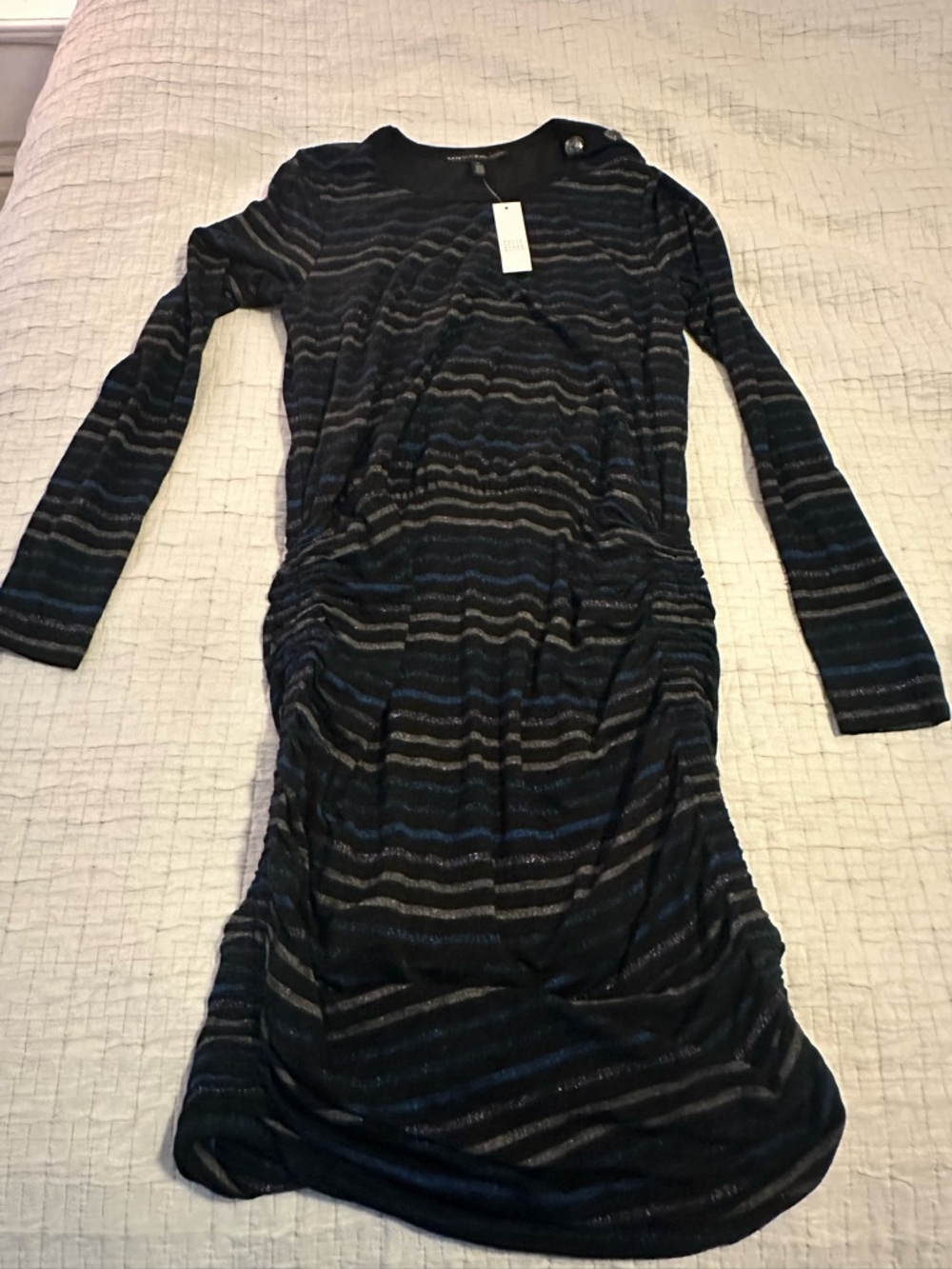 White House Black Market Black & Gray Striped Long-Sleeve Ruched Dress